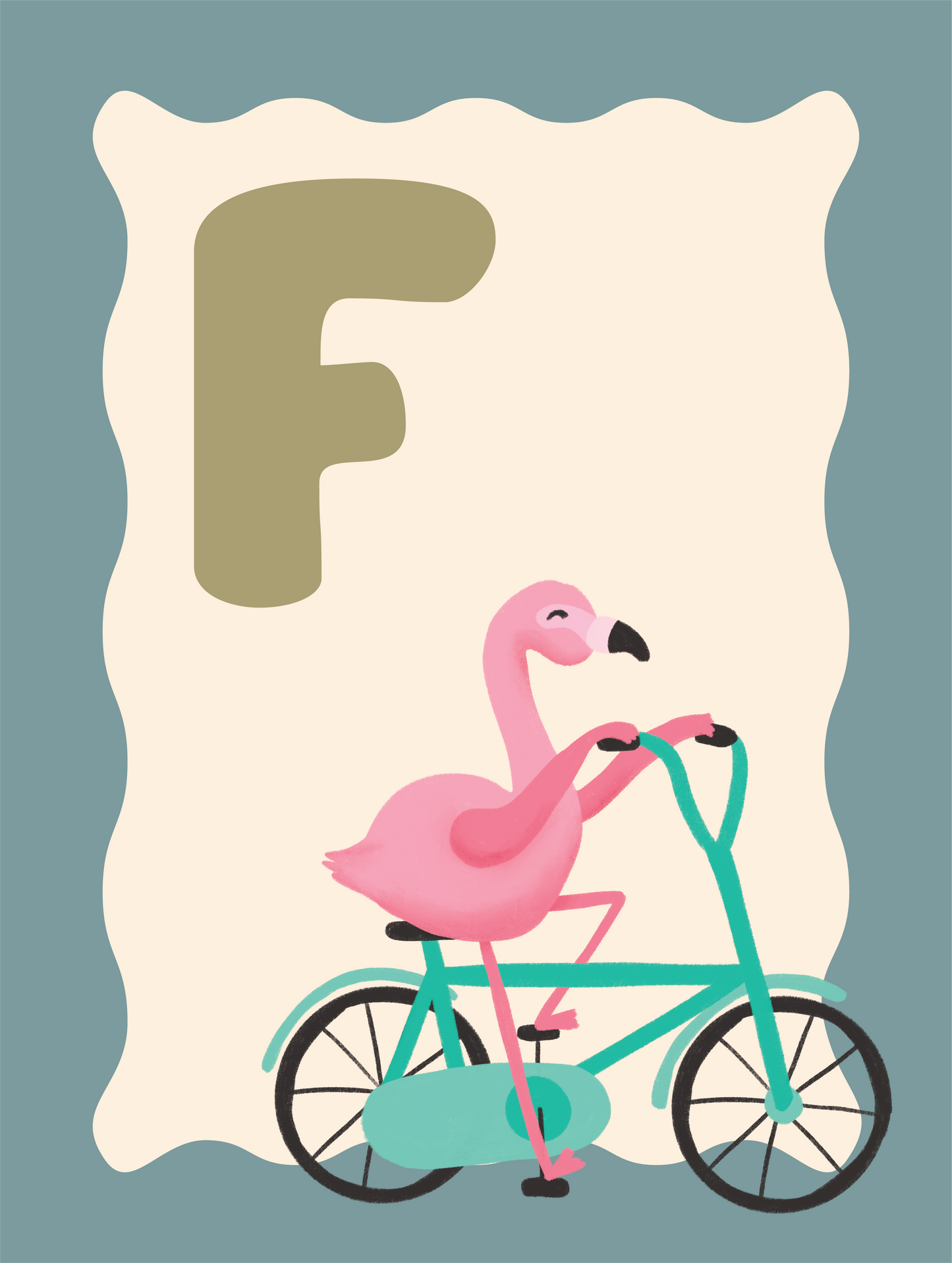 Alfabetposter F - Fietsende Flamingo
