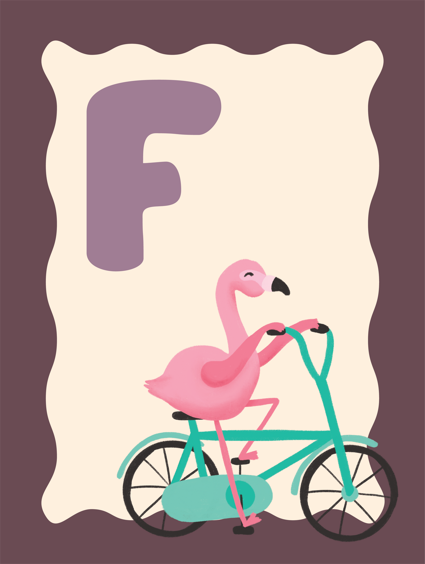 Alfabetposter F - Fietsende Flamingo