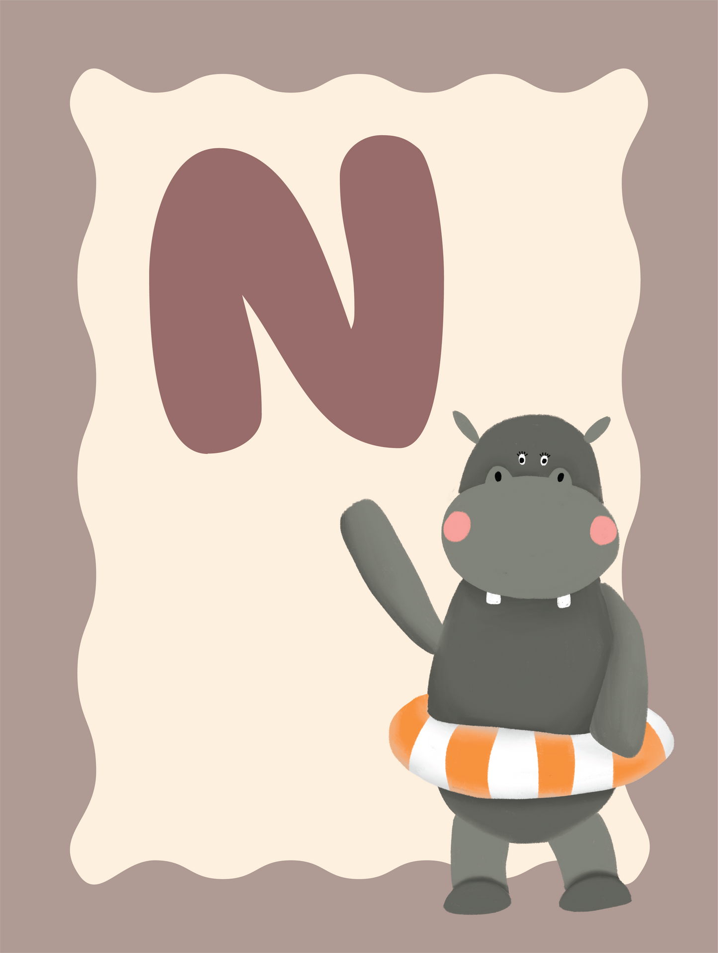 Alfabetposter N - Nijlpaard met Zwemband