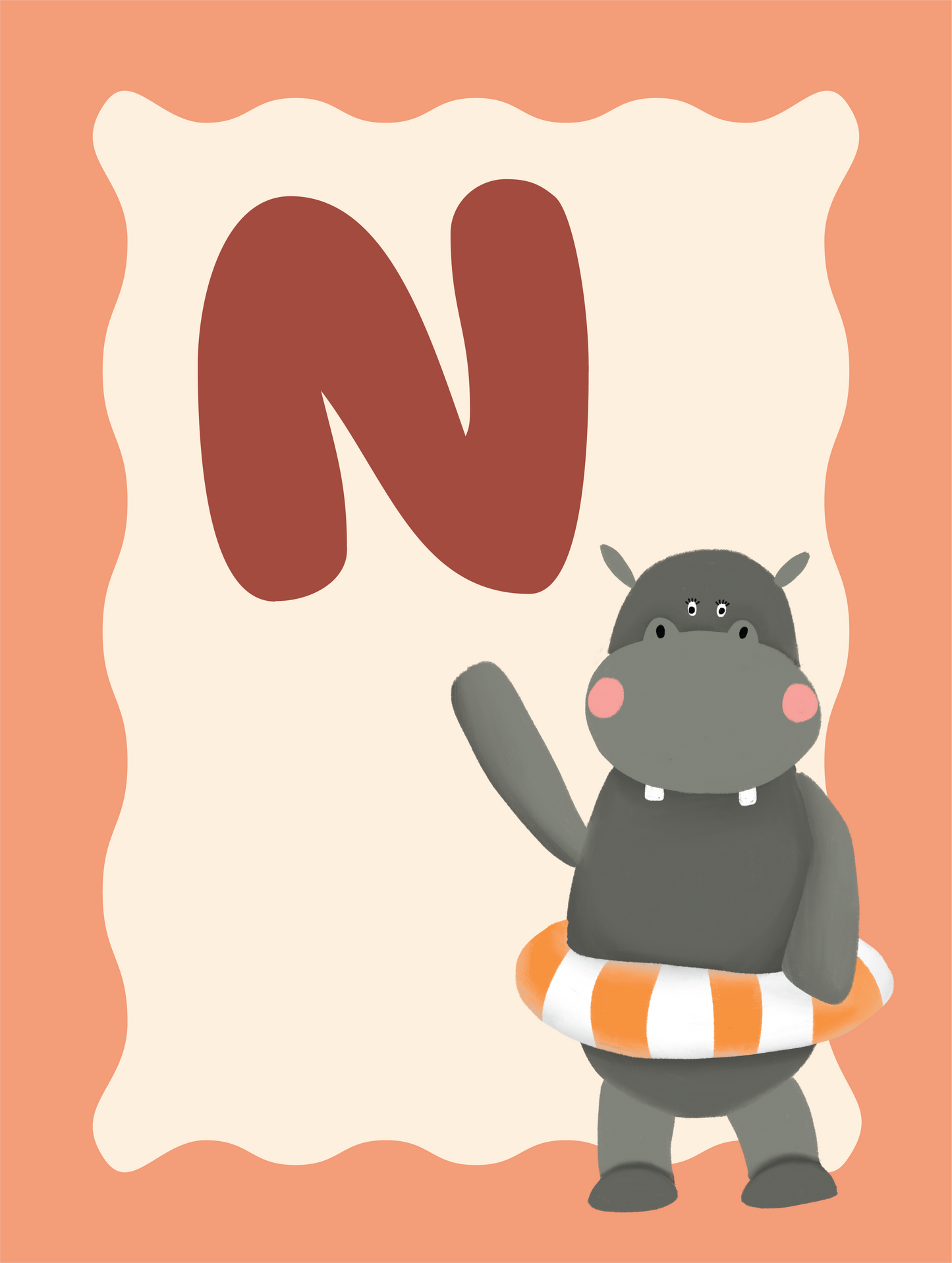 Alfabetposter N - Nijlpaard met Zwemband