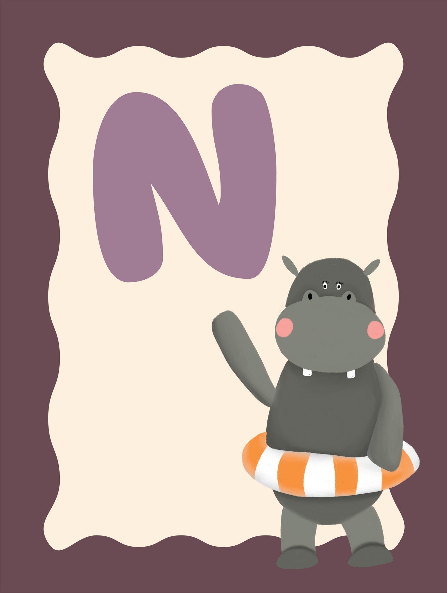 Alfabetposter N - Nijlpaard met Zwemband