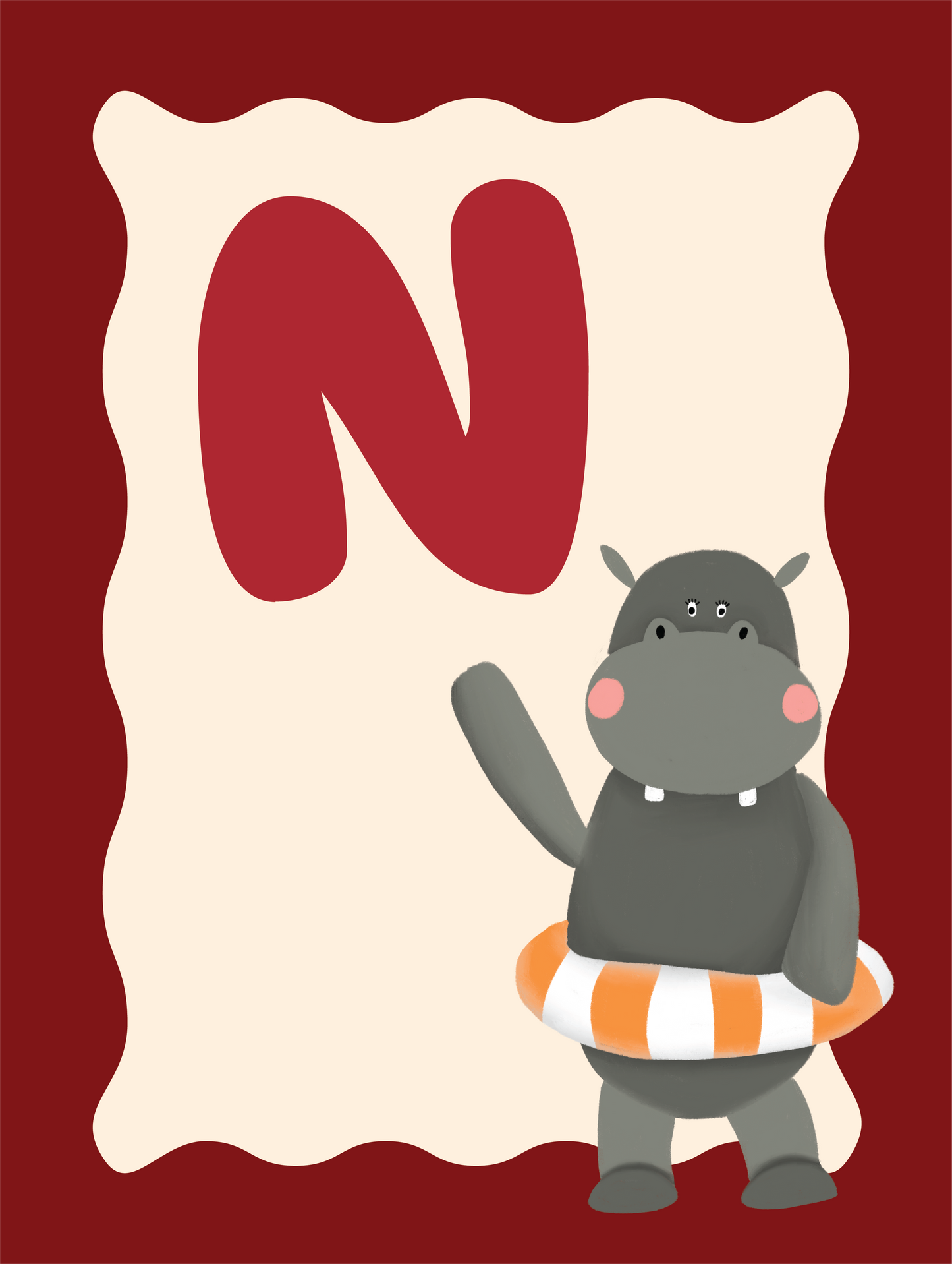 Alfabetposter N - Nijlpaard met Zwemband