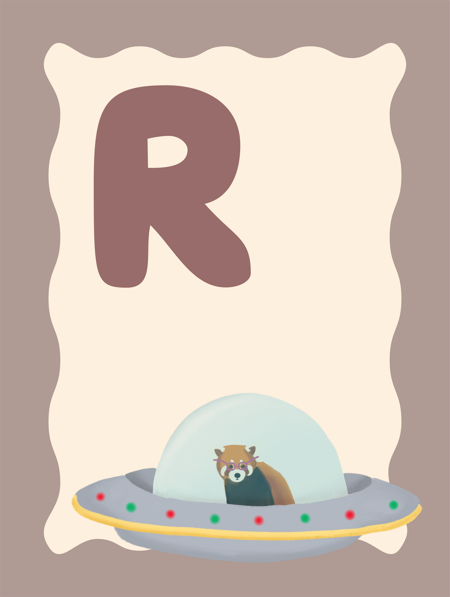Alfabetposter R - Rode Panda in Ruimteschip