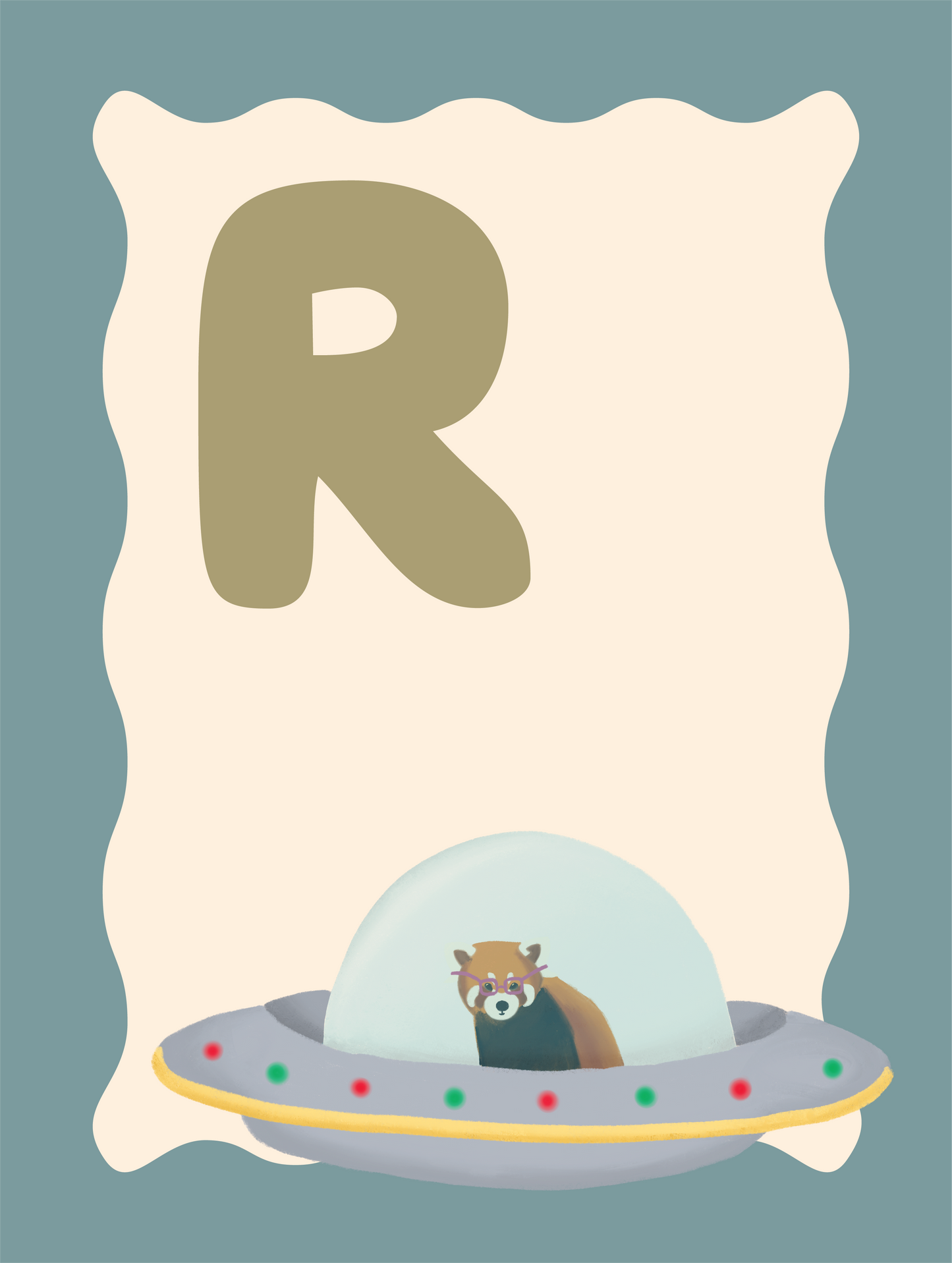 Alfabetposter R - Rode Panda in Ruimteschip
