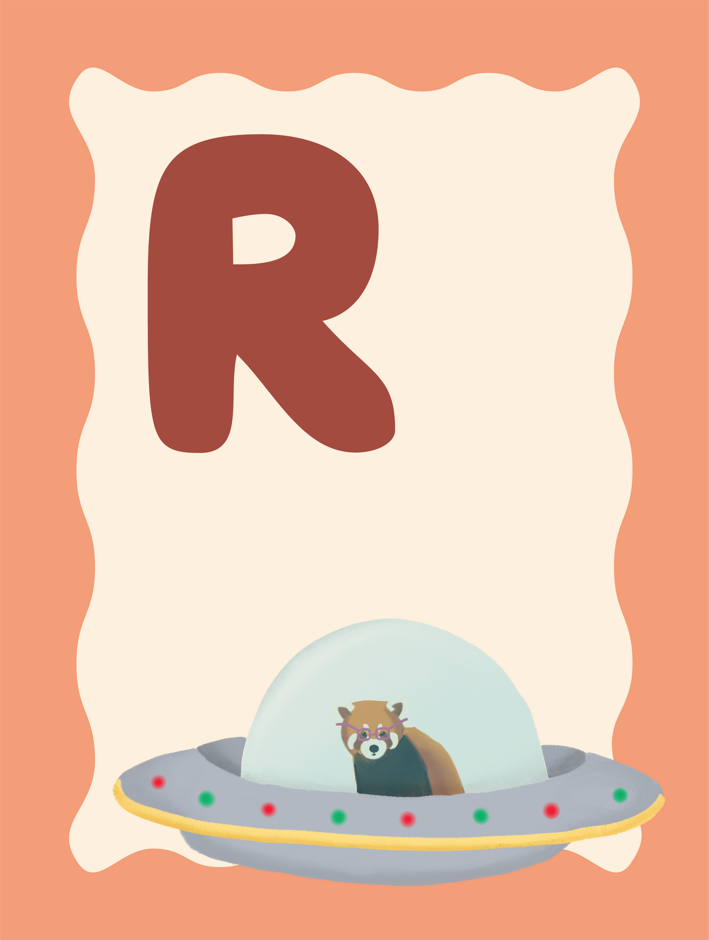 Alfabetposter R - Rode Panda in Ruimteschip