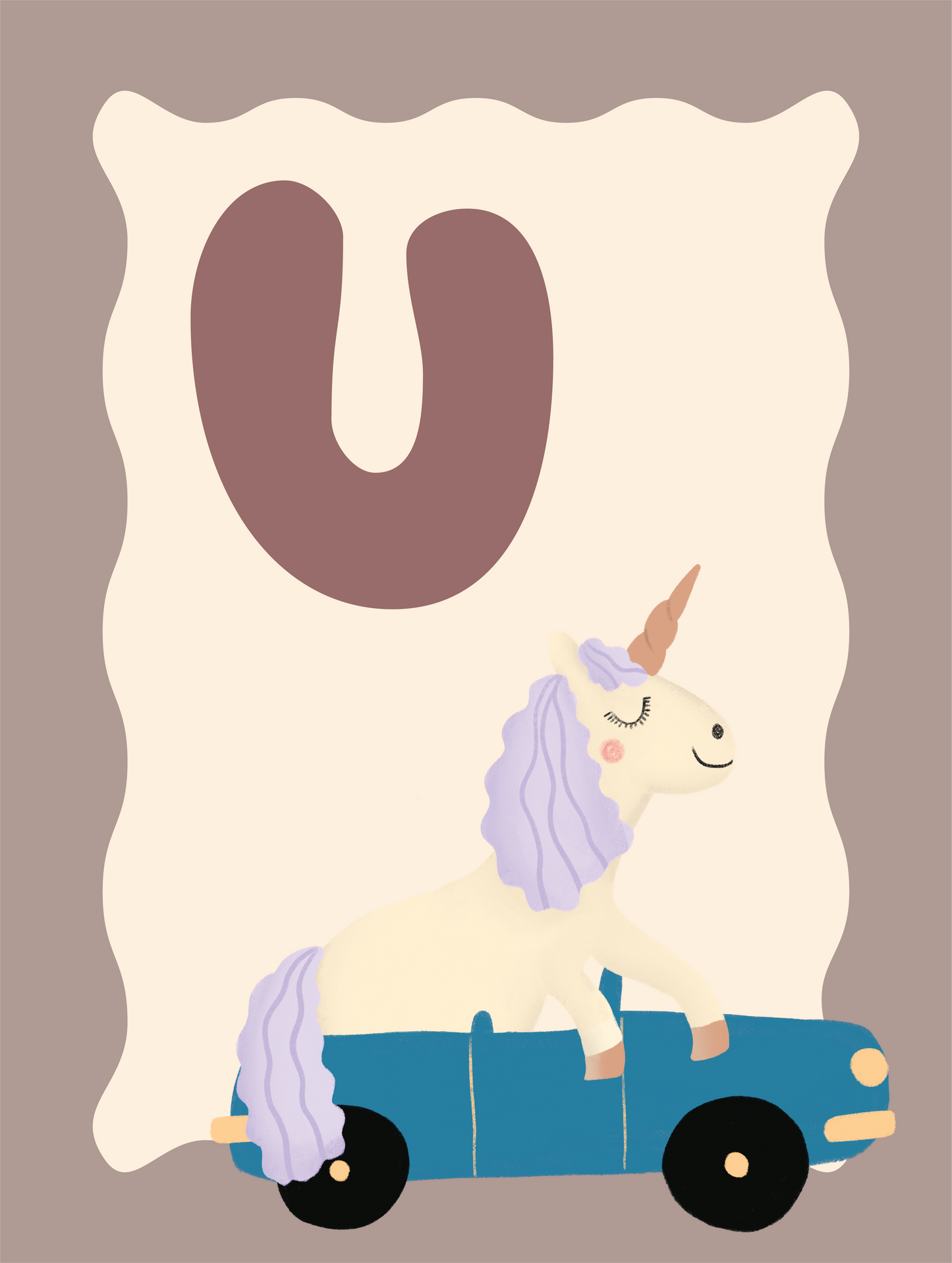 Alfabetposter U - Unicorn in Cabrio