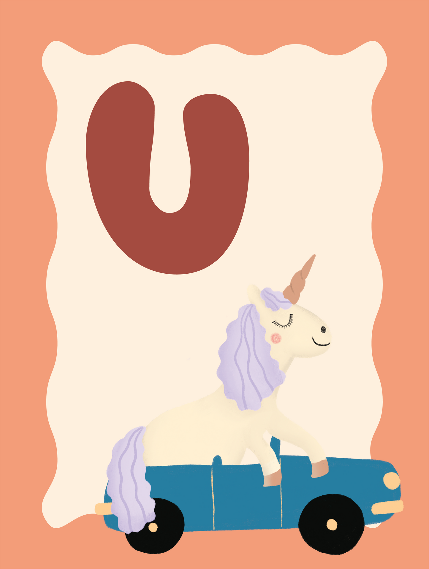 Alfabetposter U - Unicorn in Cabrio