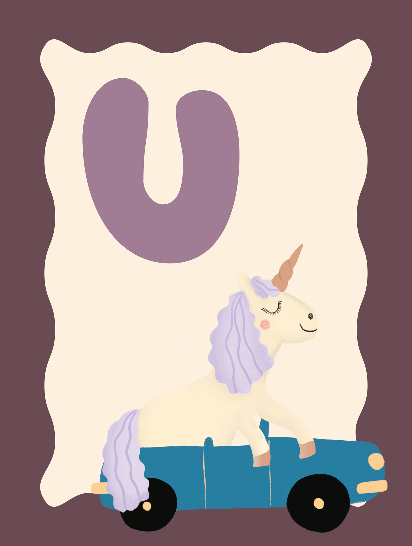 Alfabetposter U - Unicorn in Cabrio