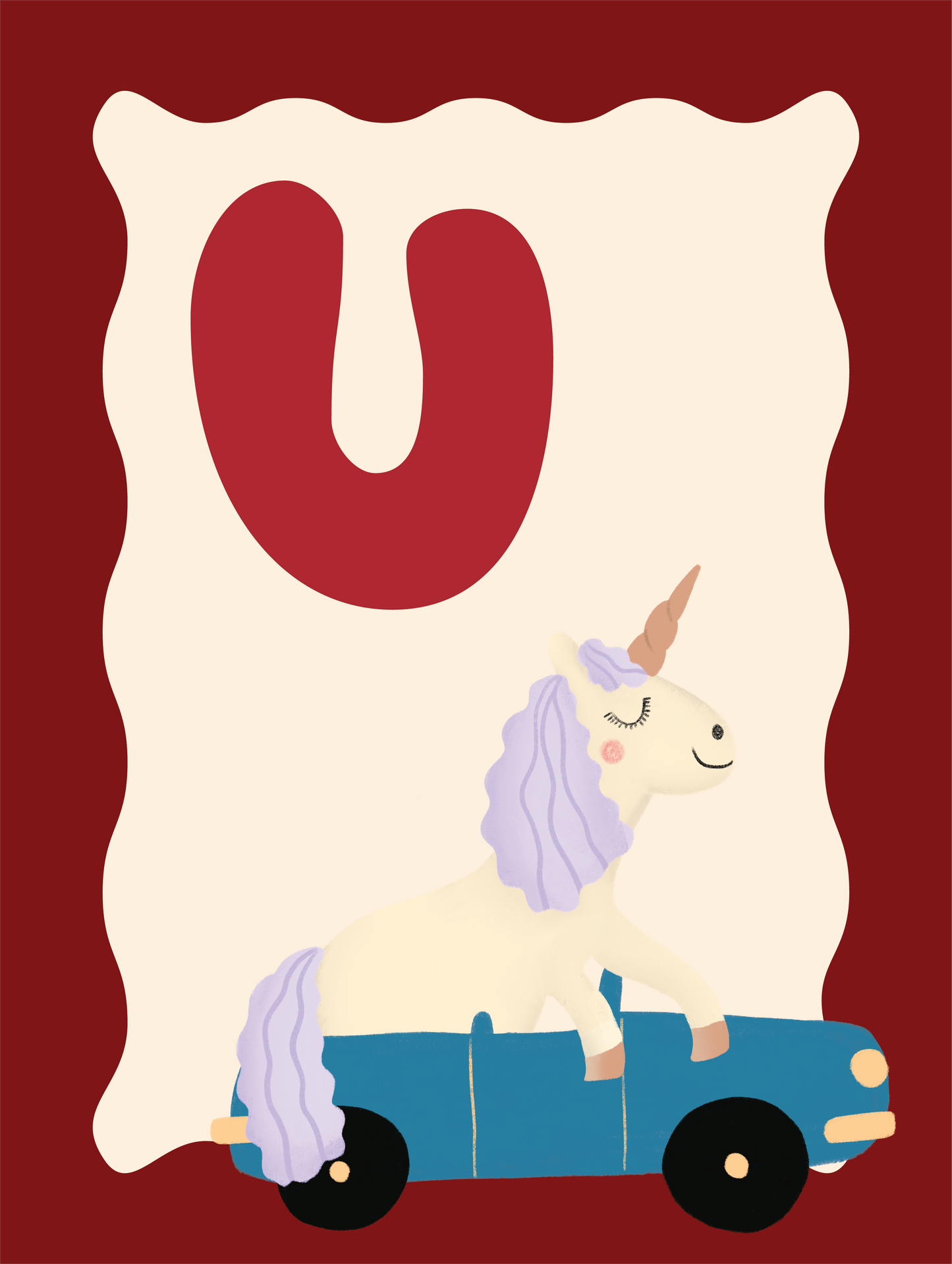 Alfabetposter U - Unicorn in Cabrio