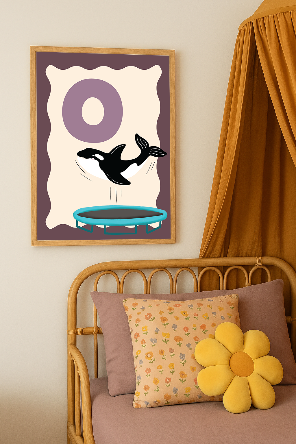 Alfabetposter O - Orka op Trampoline