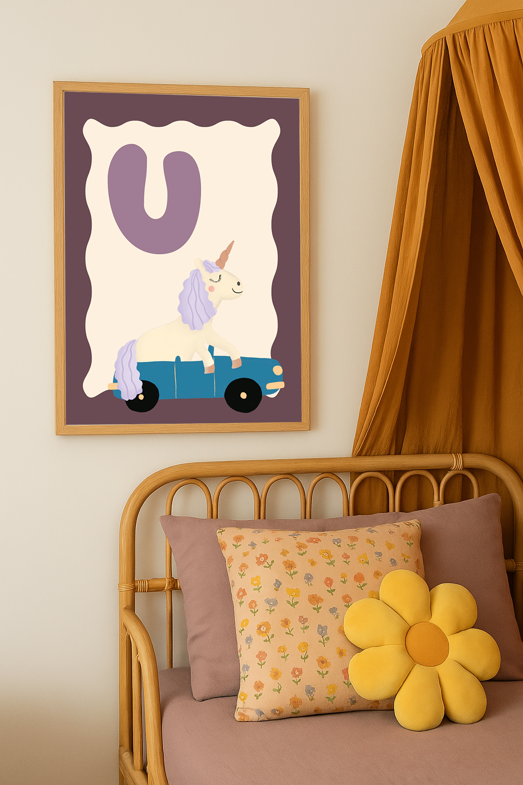 Alfabetposter U - Unicorn in Cabrio