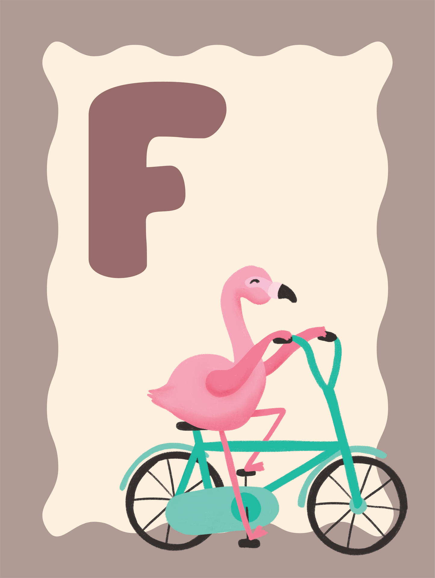 Alfabetposter F - Fietsende Flamingo