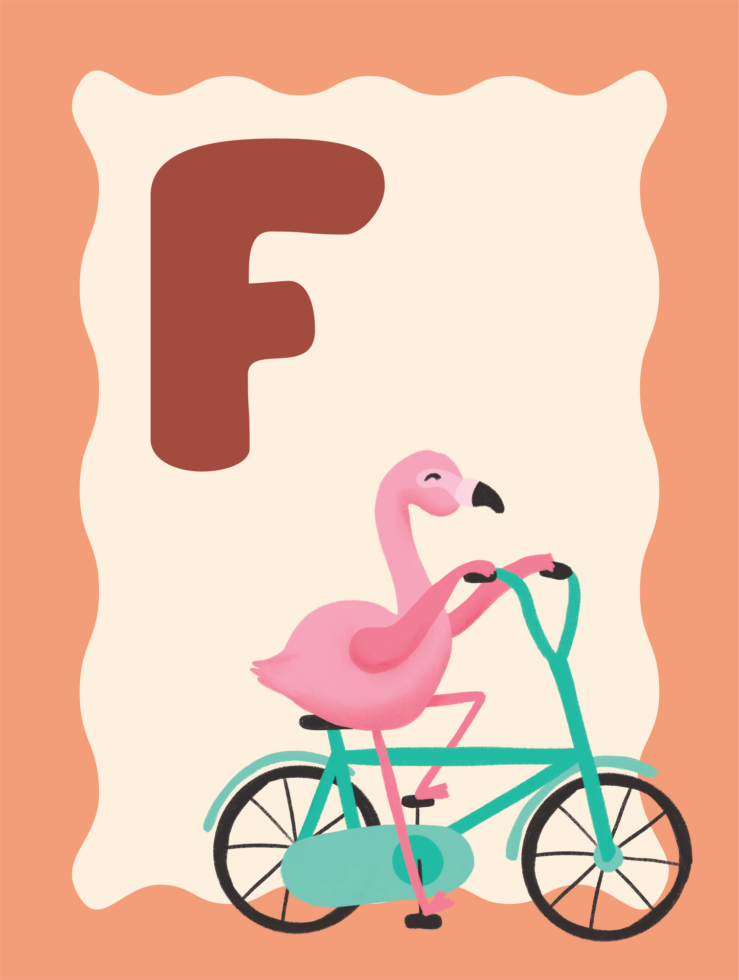 Alfabetposter F - Fietsende Flamingo