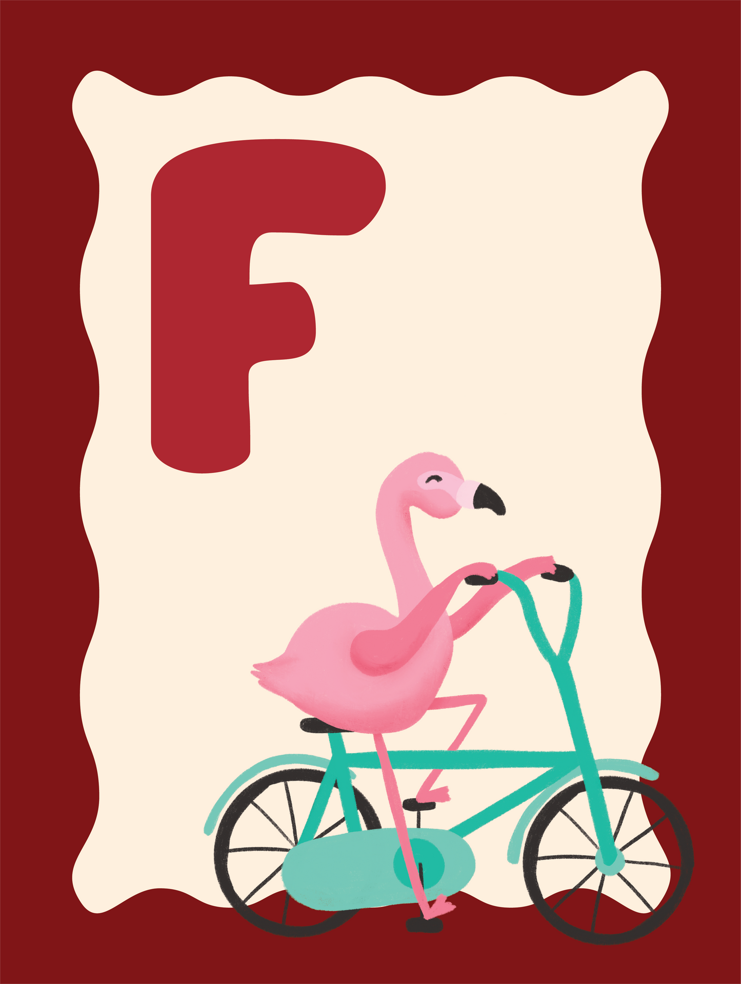 Alfabetposter F - Fietsende Flamingo