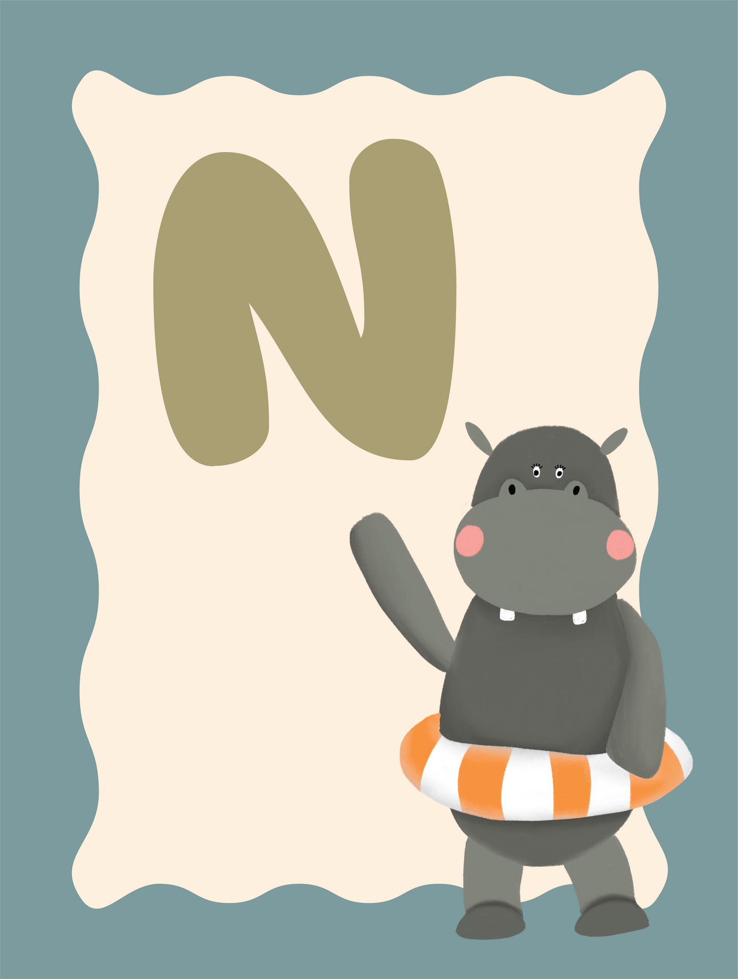 Alfabetposter N - Nijlpaard met Zwemband