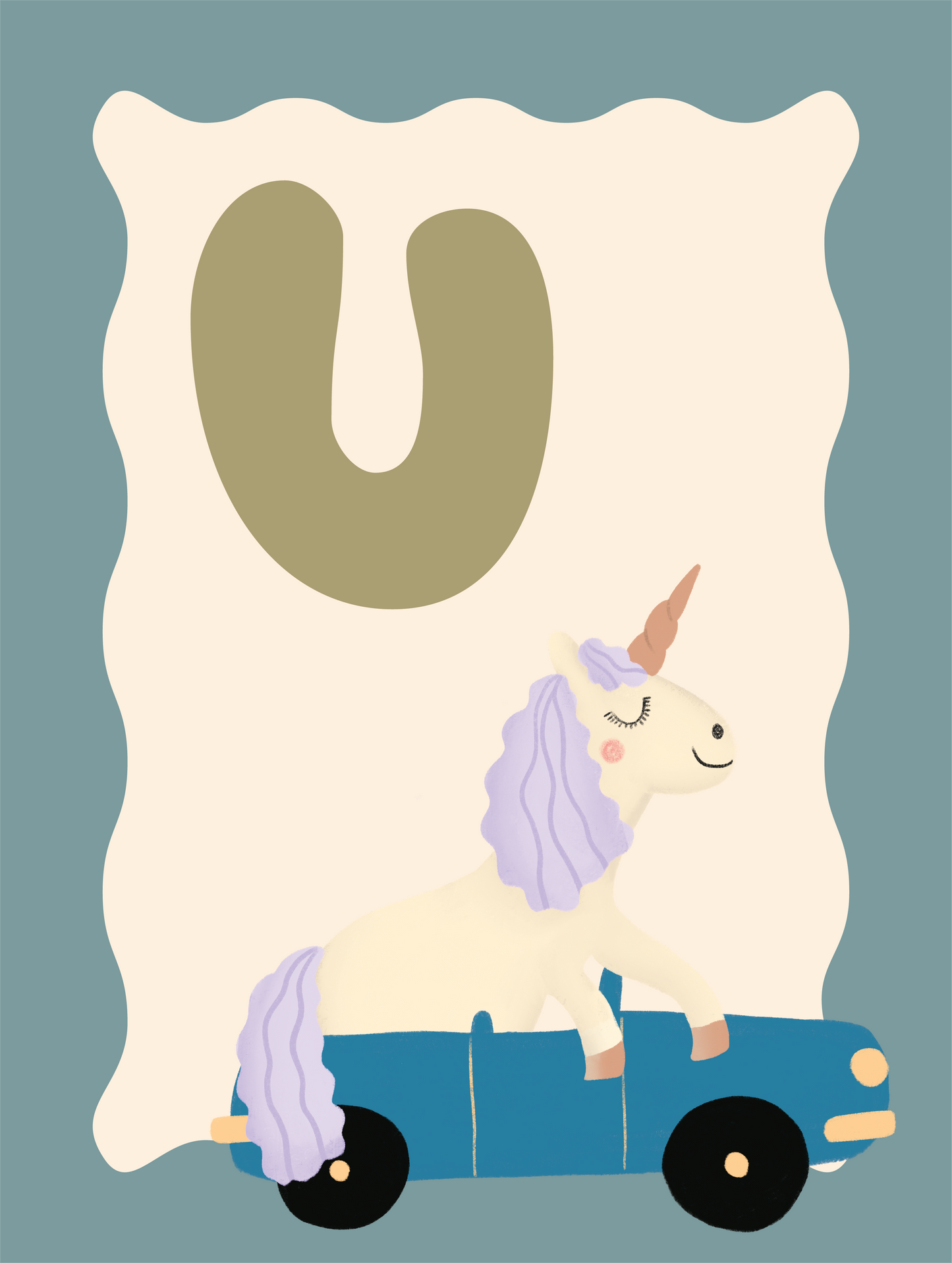 Alfabetposter U - Unicorn in Cabrio