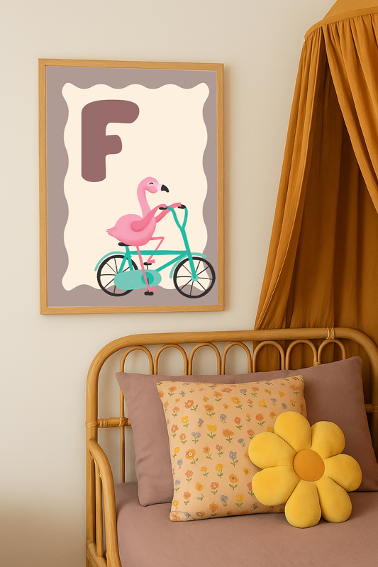 Alfabetposter F - Fietsende Flamingo