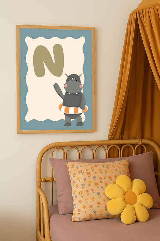 Alfabetposter N - Nijlpaard met Zwemband