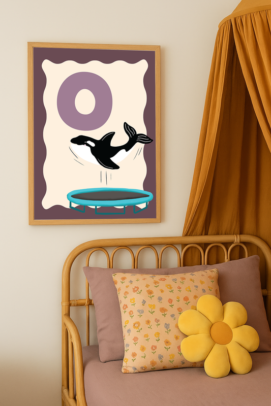 Alfabetposter O - Orka op Trampoline