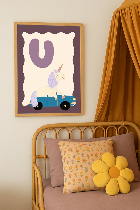 Alfabetposter U - Unicorn in Cabrio